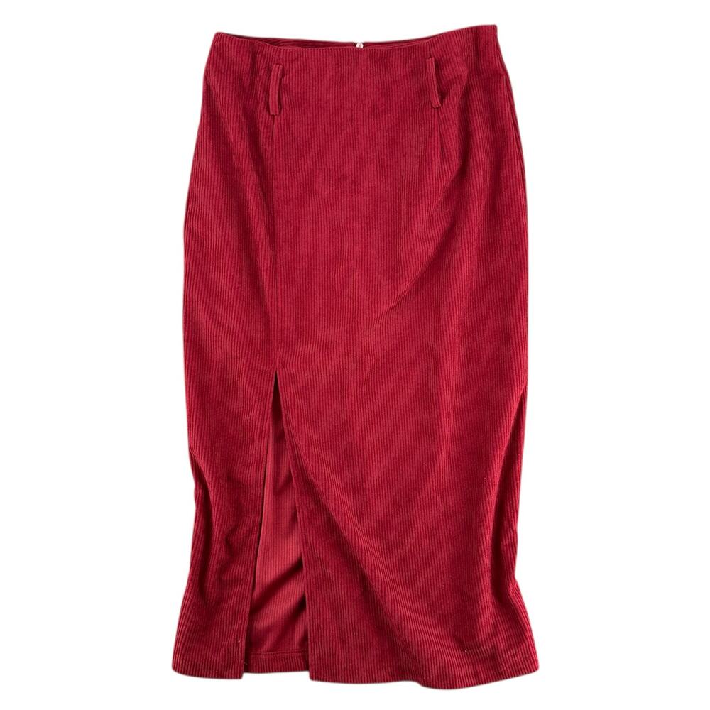 Rihoas Maroon Corduroy Midi Skirt Slit High Waist Small NWT Minimalist Casual - Picture 10 of 10